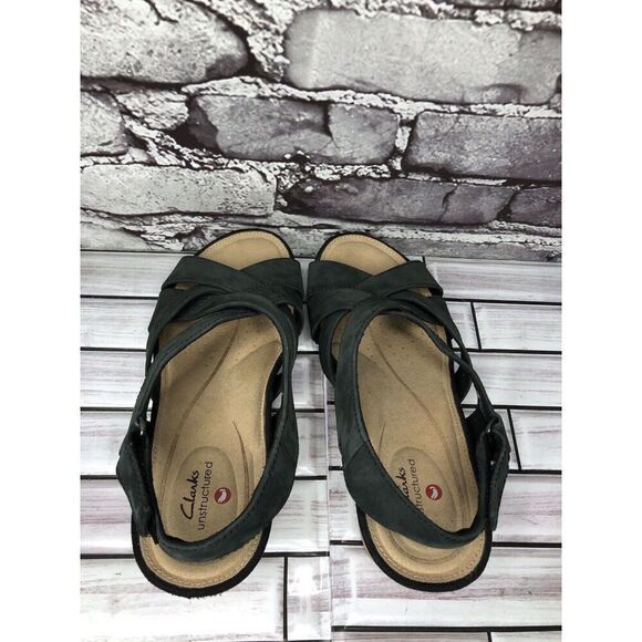 Clarks Unstructured Black Leather Criss Cross Strap Cork Wedge Sandals Women 7M - Picture 4 of 16